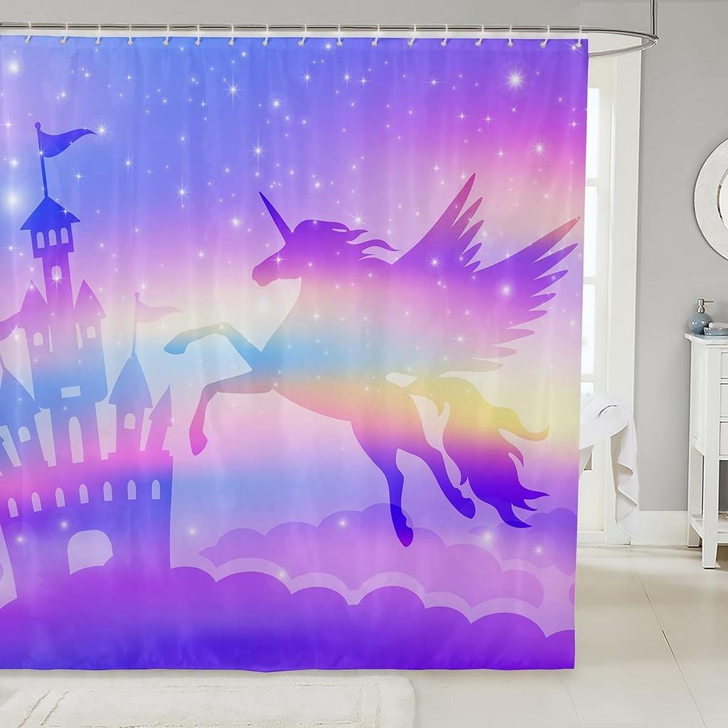 Gradient Purple Shower Curtain, Rainbow Unicorn Bath  Glitter Stars, Waterproof Curtains, Dreaming Cartoon Bathroom Deco