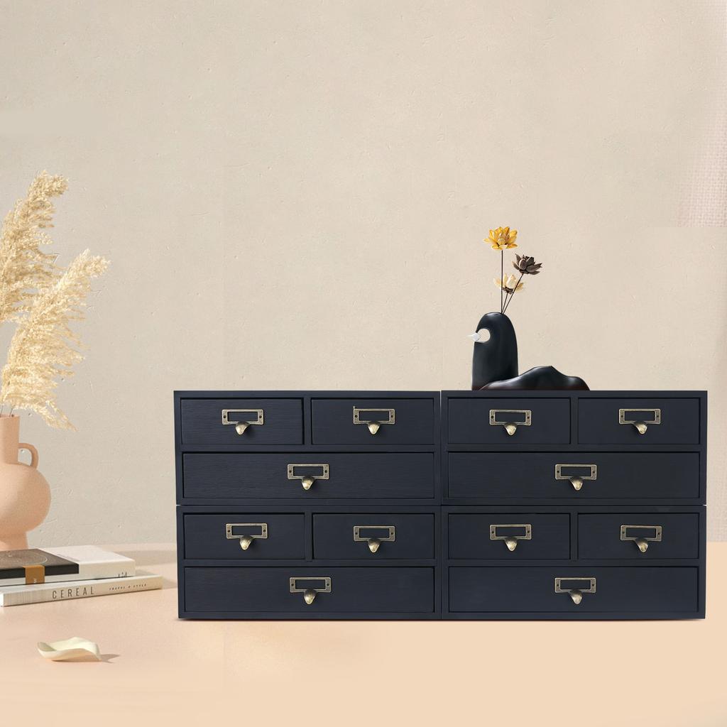 4 Pcs 12 Drawers Desktop Pine Wood Organizer,Blue/Black/Brown Rectangular Desktop Organizer 69*27*30cm for Bedrooms,Offices