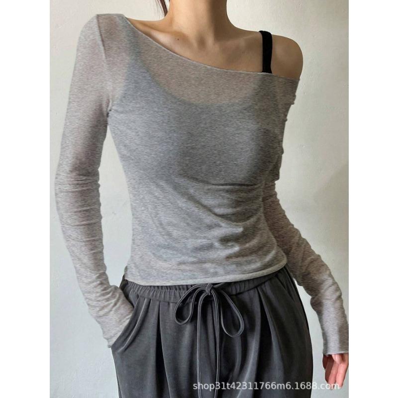 

Women s Fashion Casual Spring Autumn Solid Color Print Long Sleeve Oblique Collar Blouses & Shirts S серый