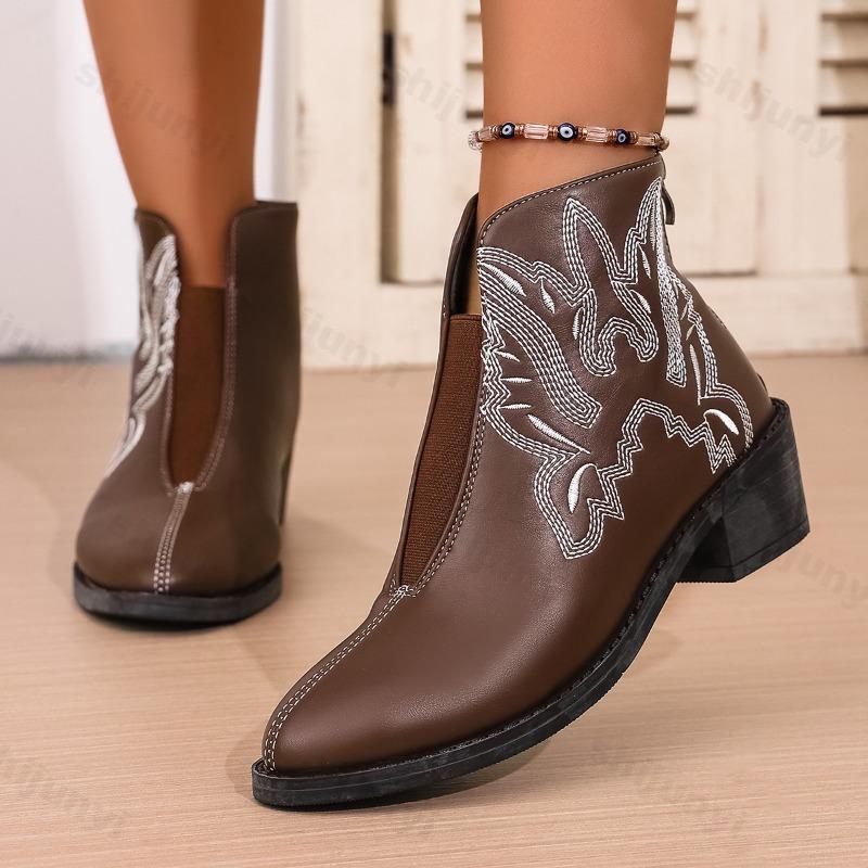 Fashion Womens Ankle Boots Autumn 2025 Retro Embroidery Short Boots Fashion Pointed Toe Leather Western Cowboy Boot Botas Para Mujer