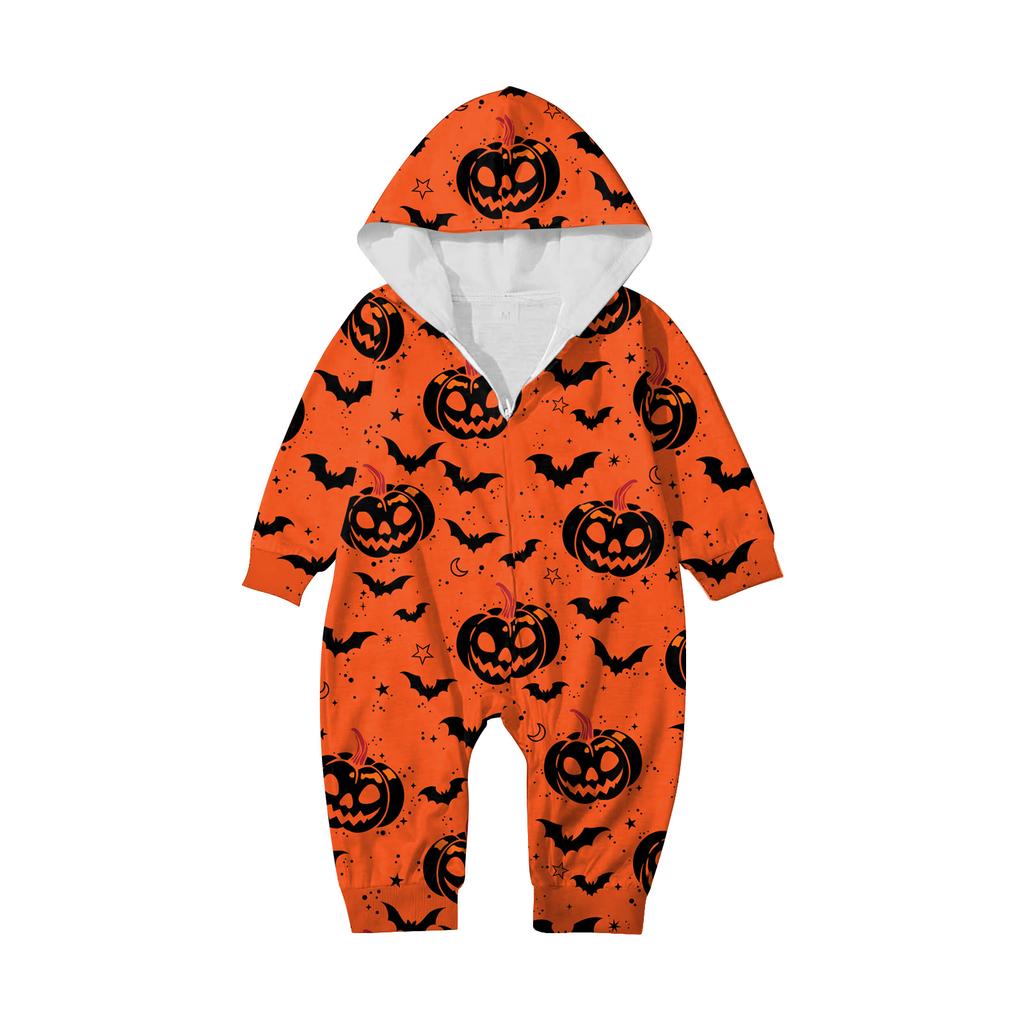 Halloween Printed Family Matching Hooded Long Sleeved Zippered Hooded Jumpsuit Set