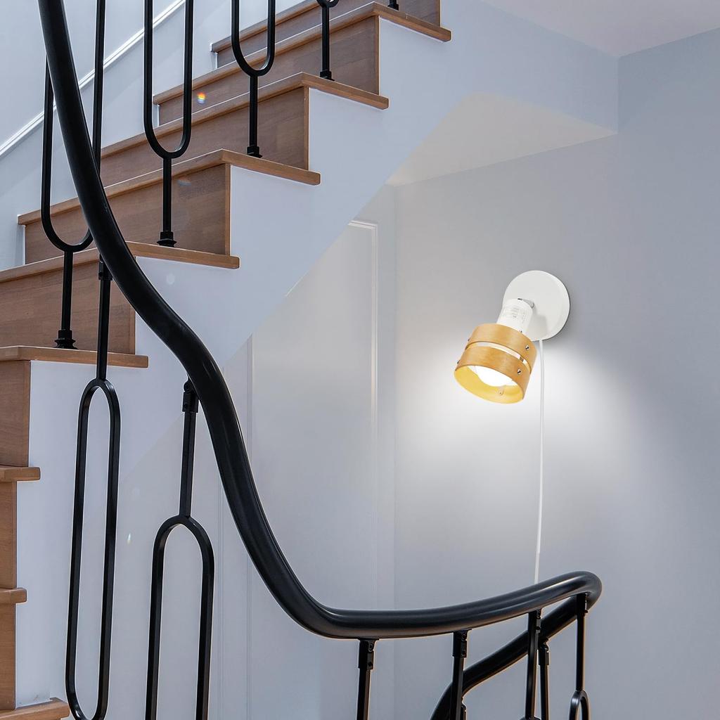 Aiwode Wall Lamp, Wood-Colored Circle, E26 Compatible, 360-Degree Rotation, Wall-Mounted Lighting with Switch, Luxury, Eye-Friendly, Energy-Saving,