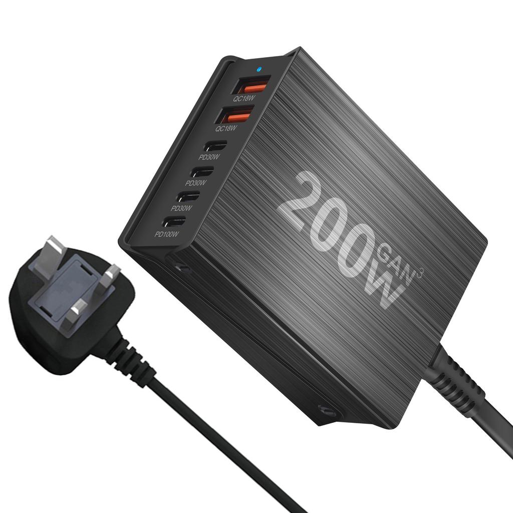 Stație de încărcare rapidă GaN 200W cu 6 porturi, încărcător USB C, încărcare rapidă QC PD 3.0, încărcător rapid Type C pentru IPhone 16/15/14/13 Pro MacBook