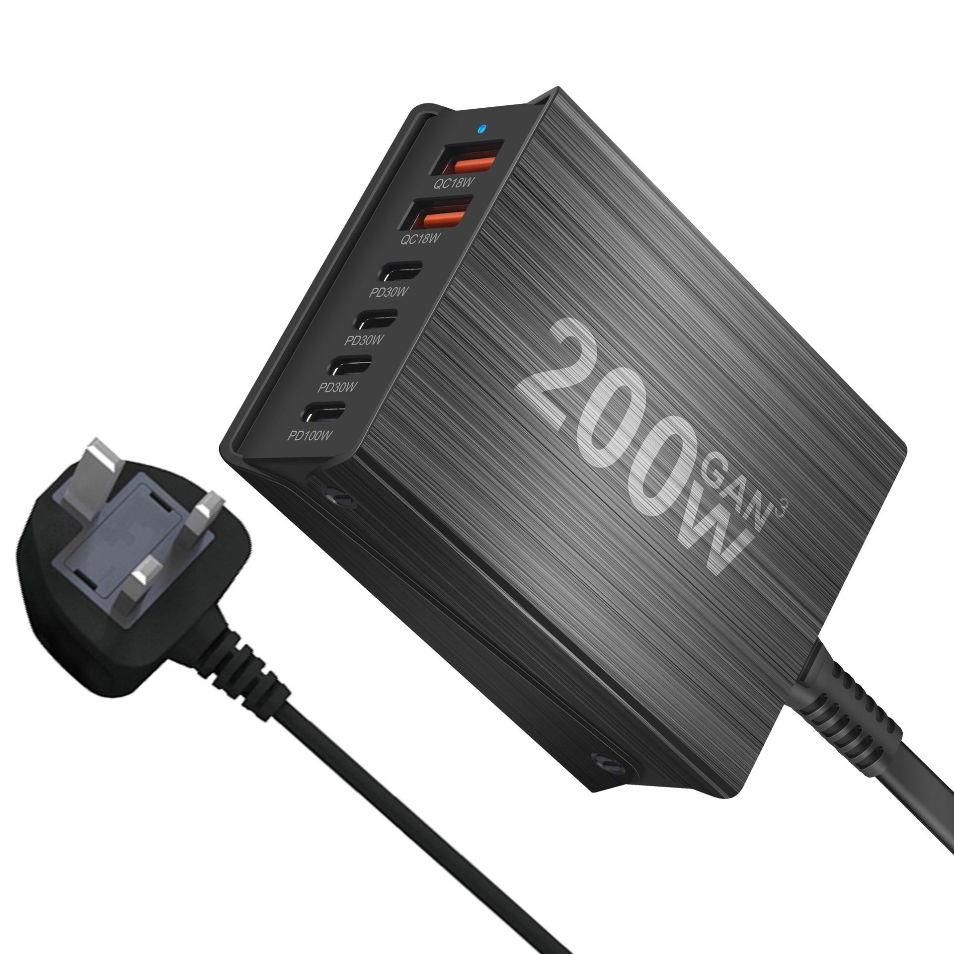 

200 Вт 6-портова GaN станція швидкої зарядки USB C зарядний пристрій Quick Charge QC PD 3.0 Type C швидкий зарядний пристрій для IPhone 16/15/14/13 Pro MacBook 4C2A UK Plug чорний