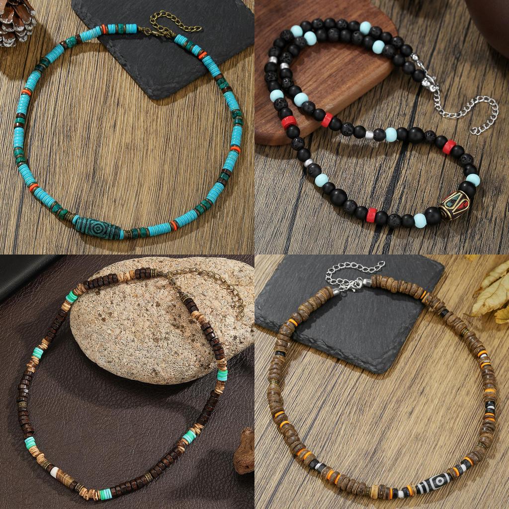 Geometrische Herrenkette Mit Kokosnussschalen-Anhänger Handgefertigte Stahlkette Für Lässigen Stil