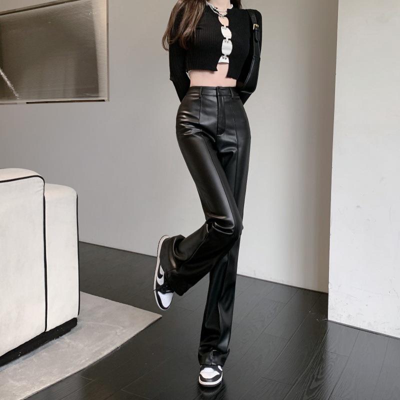 2023 Women's High-Waist Black Leather Wide-Leg Pants: Slim, Casual, and Drape-Effect Trousers