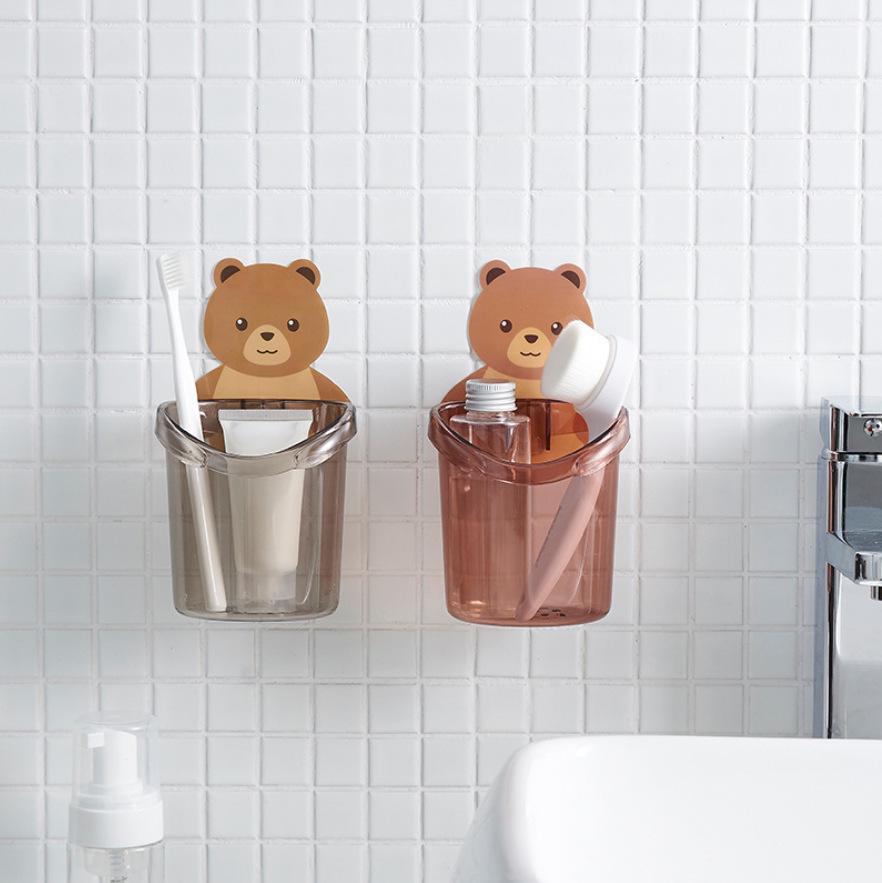 Creative Bear-Shaped Toothbrush and Cup Holder: Wall-Mounted, Punch-Free, Multifunctional, and Draining Shelf.