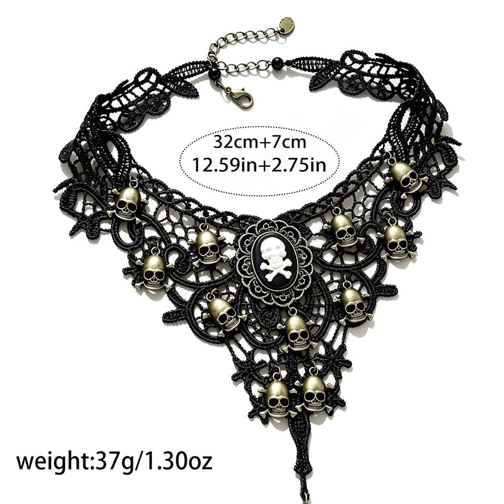 Halloween Black Lace Necklace, Skull Pirate Gothic Clavicle Choker for Women