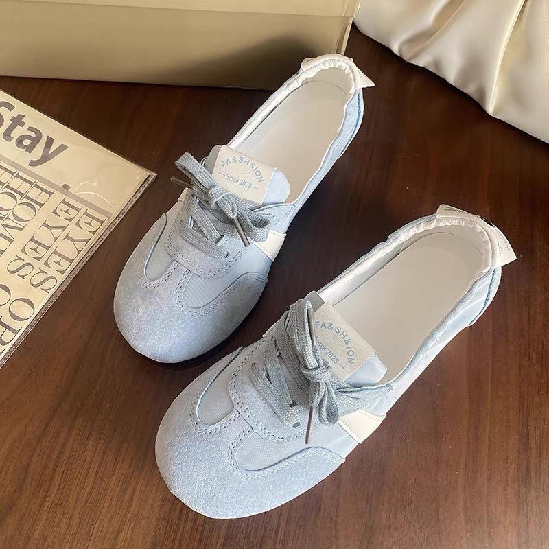 

Французские балетки женские плоские 2025 осень новинка на шнуровке дышащие на одном педале белые туфли модные одинарные туфли 40 серо голубой