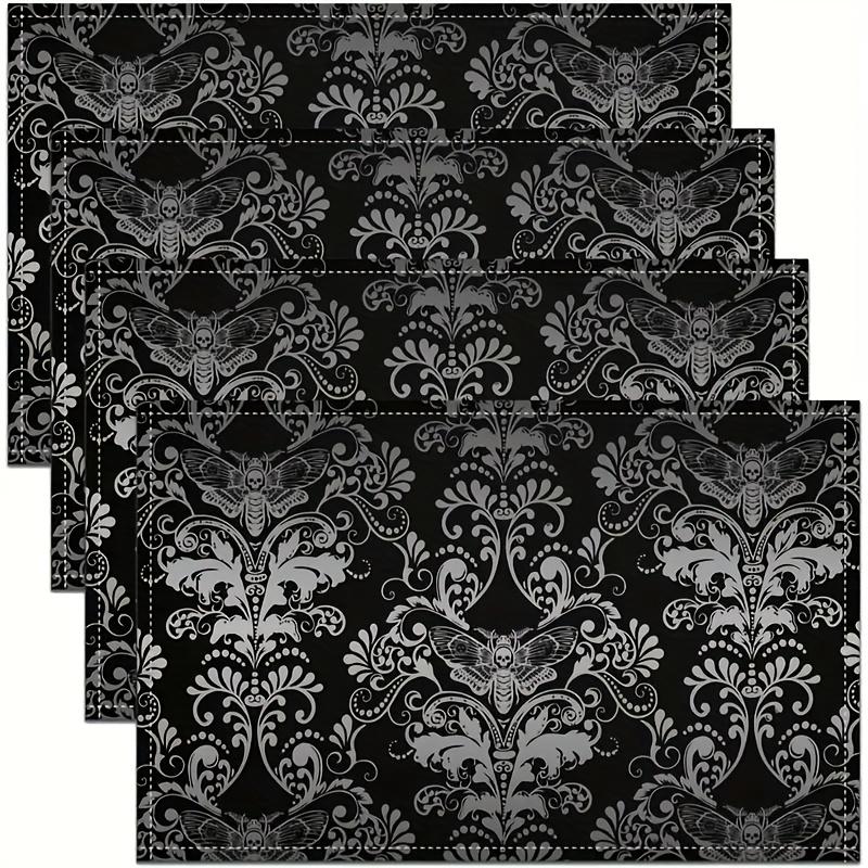 4/6/8/10PC Gothic Dark Night Placemats Silver Silk Skull Moth Vintage Floral Theme Party Escape Room Cafe
