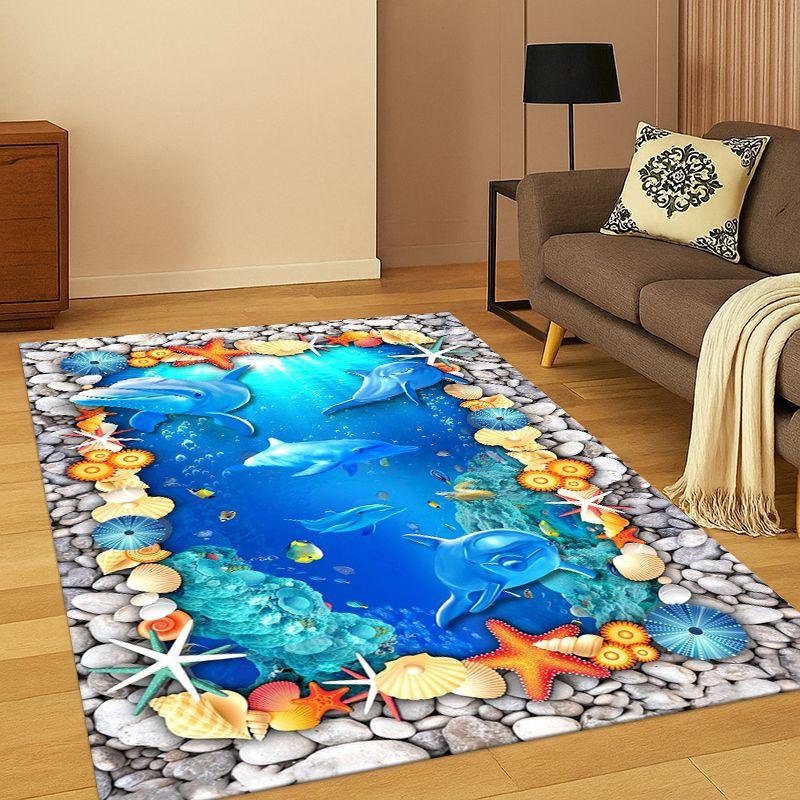 3D Illusion Underwater World Marine Life Shark Dolphin Cartoon Carpet Rug for Bedroom Living Room Sofa Doormat Kids Non-slip