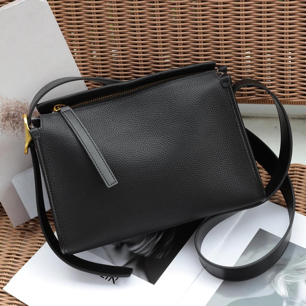 Genuine Leather Women's Shoulder Crossbody Black Bags Luxury Designer Cowhide Wide Shoulder Straps Gray Pillow Bag Ebony Gray