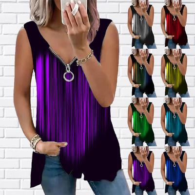 Women's Top Summer New Fashion Colorful Hearts R Printed Casual Plus Size Sleeveless Zipper V-neck Top Tank Top