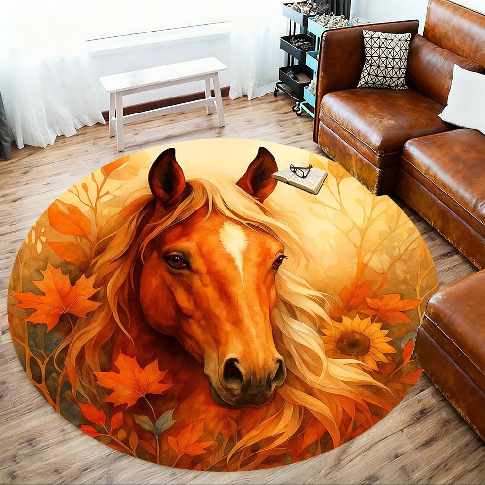 1pc Autumn Horse Round Chair mat office Area Rug - Non-Slip, Floor Mat for Office, Bedroom, Ideal home decor gift c0112085