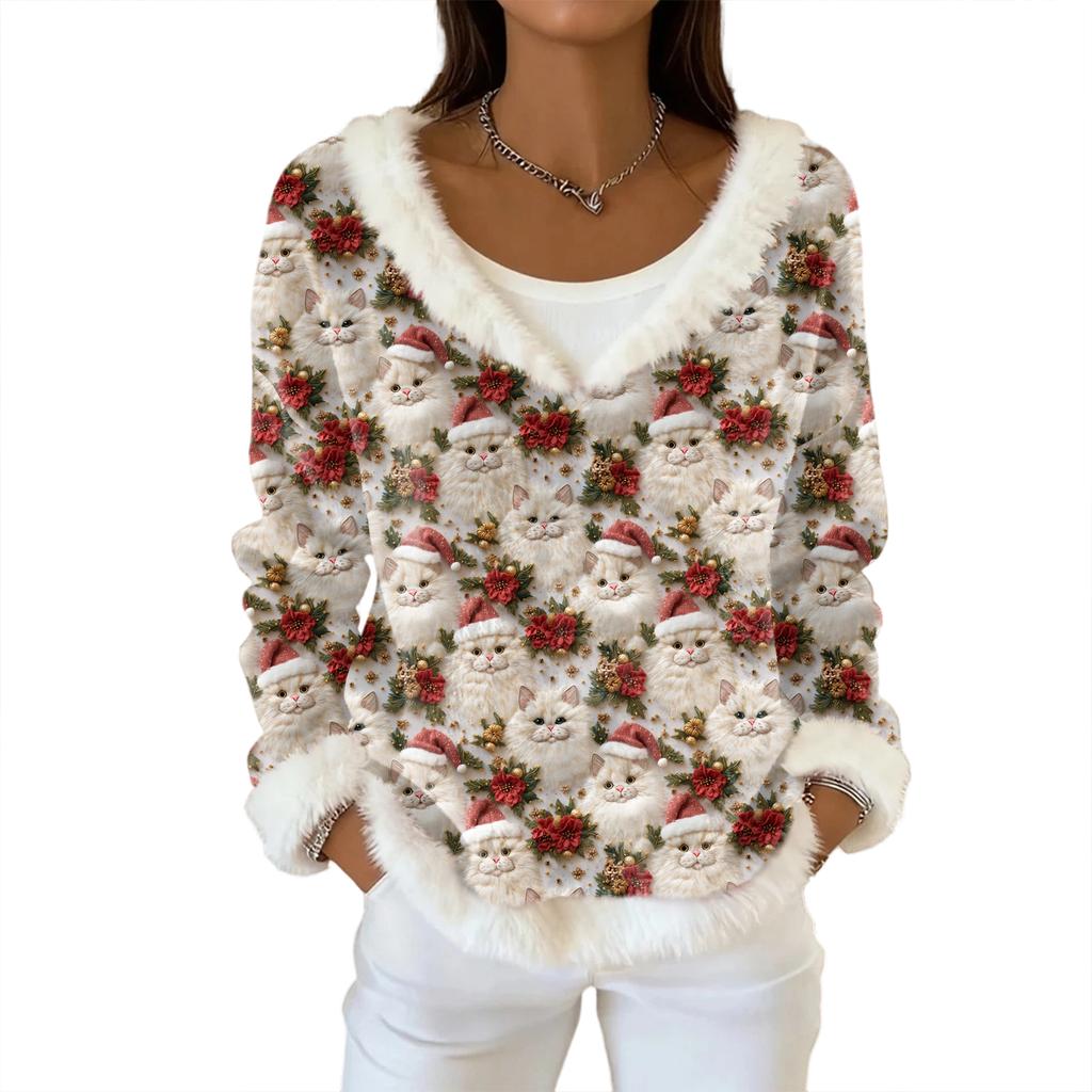 Dámský módní plyšový pulovr s výstřihem do V, tričko s dlouhým rukávem, vánoční potištěná mikina