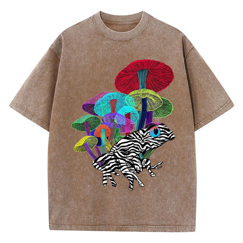 Neon Style Frog With Mushrooms Print Women Washed T-Shirt Loose O-Neck T Shirts Cotton Clothes Vintage Short Sleeves