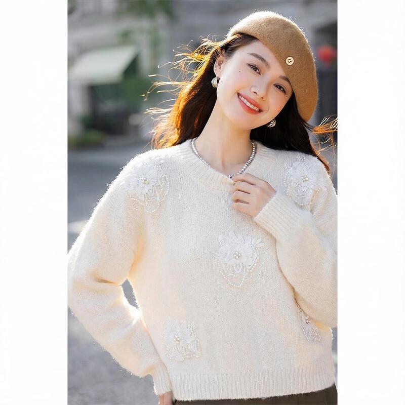 

Mokana Women s Beaded 3D Flower Long Sleeve Knitted Top One Size
