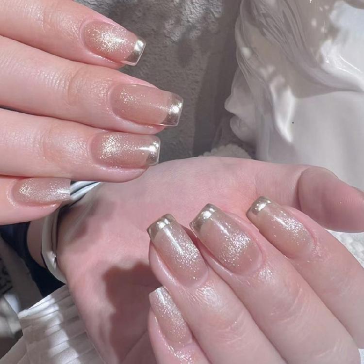 24x Glittering Acrylic Nail French Tip False Nail Simple Press On Nail Medium Square Full Cover Stick On Nail