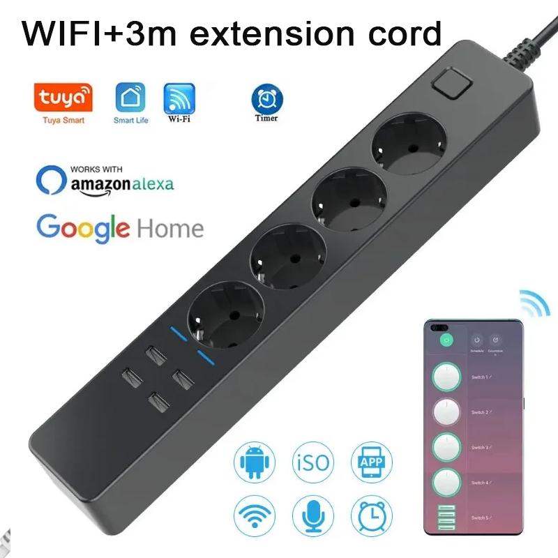 WIFI Smart Power Strip with 4 AC Outlets + 4 USB EU Plug Timer Switch Socket Timing Bluetooth Control Multi-functional Socket