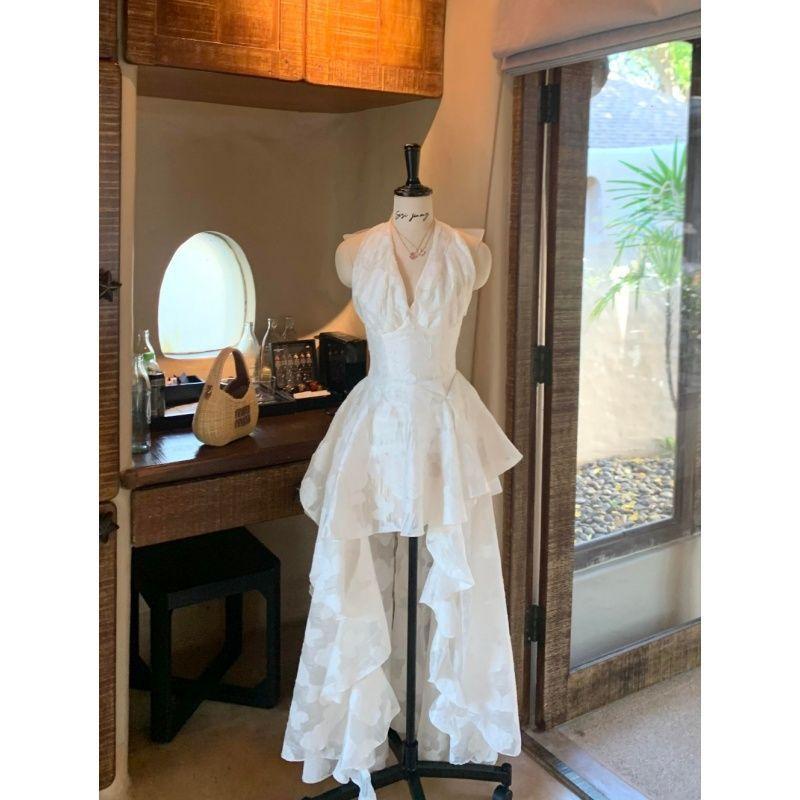 French sweet wind irregular white neck dress women s summer new temperament waist fluffy fairy dress S