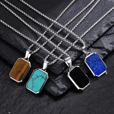 Trendy Pendant Necklaces for Men Boys Square Natural Stone Stainless Steel Necklaces  New Hip Hop Cool Jewelry Gifts