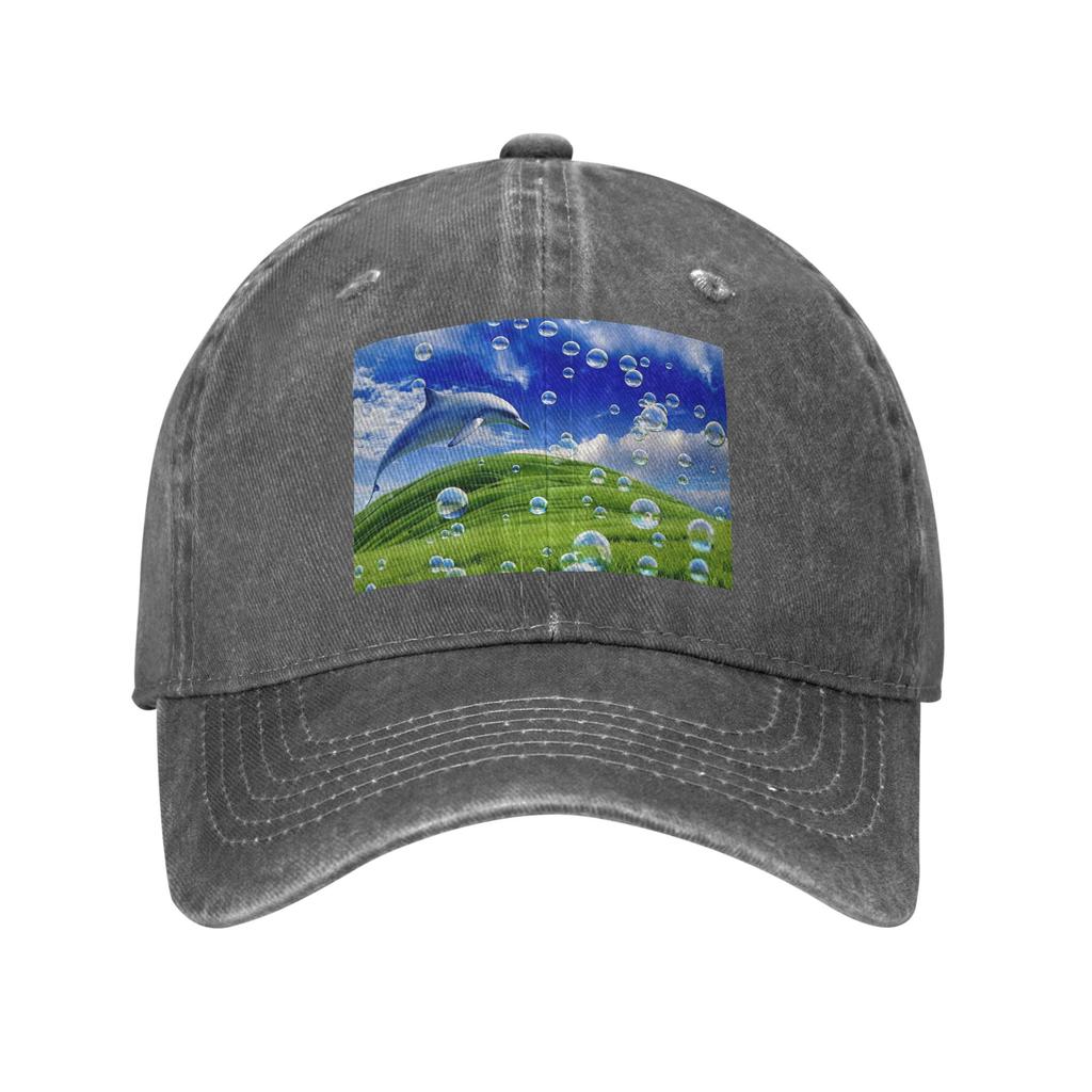 Frutiger Aero Dolphin y2k Aesthetic Meadow with Bubbles and Mountains and Sky Denim Fabric Cap Baseball Caps Hat Baseball Hats