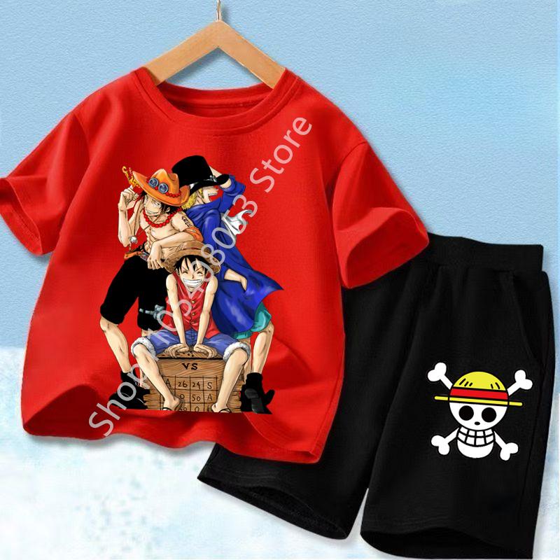 Ideal for Anime Fans, Comfortable and Fashionable Children's Clothing Cute One Piece Tony Tony Chopper Printed Kids T-Shirt Set