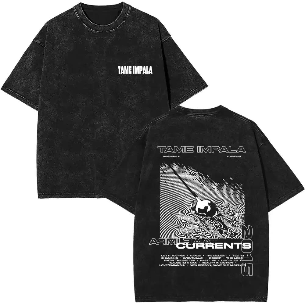 T-shirt Nera Oversize Lavata Vintage "Copertina Album Currents" dei Tame Impala | Maglietta Streetwear Unisex per Fan del Rock Psichedelico