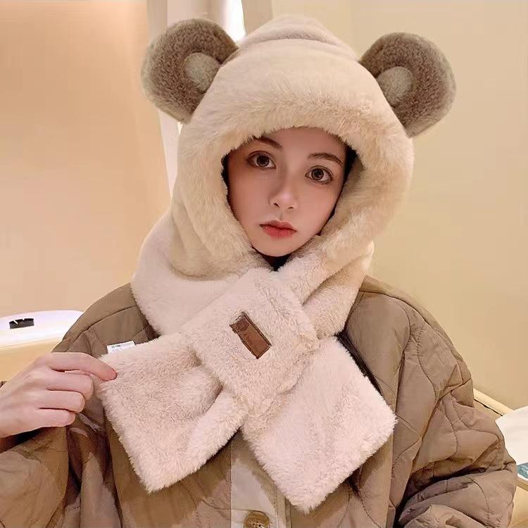Plush Hat and Scarf All in one Women's Autumn and Winter Outdoor Cycling Thickened Warm Windproof Ear Protection Cute Bear Two Piece Set
