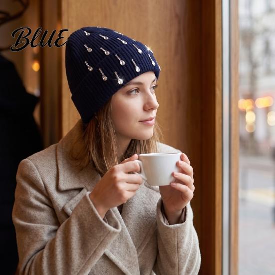 Holiday Gift for Women Waterdrop Rhinestone Knit Hat, Bling Stretchy Winter Cuffed Knitted Stylish Hat Skull Cap Men Cold Weather Daily Wear