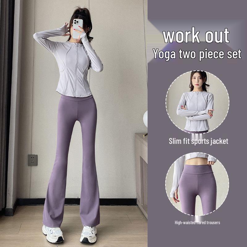 Damen Frühling/Herbst 2024 High-End Sport Fitness Yoga Set: Jacke & Schlankmachende Micro-Flare-Hose