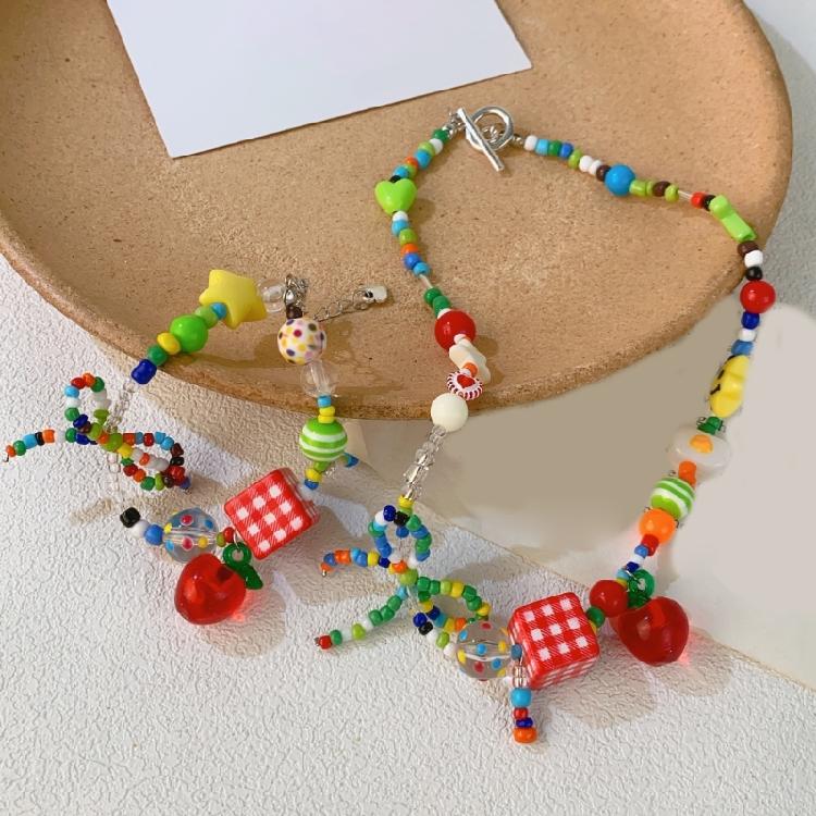 Handmade Colorful Necklace/Bracelet Fashionable Choker with Dainty Bowknot and Star Pendant Rainbow Beaded Jewelry