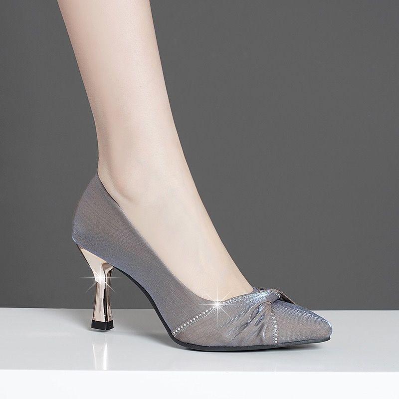 Women Light Grey Pu Leather Low Heel Shoes for Office Lady Party Comfort Light Gray Heels Lightweight and Breathable