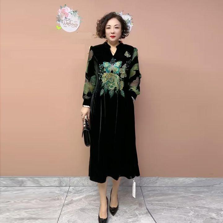 High-end Women's Velvet Dress Plus Size Long Dress Rhinestone Printed Loose Flocked A-Line Dress Spring Autumn