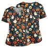 Women's Halloween Print V Neck Medical Scrub Top with Pockets Side Slits Short Sleeve Nurse Uniform Shirt for Healthcare Professionals
