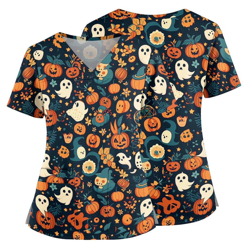 Women's Halloween Print V Neck Medical Scrub Top with Pockets Side Slits Short Sleeve Nurse Uniform Shirt for Healthcare Professionals
