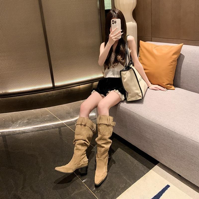 Long Boots Women's Summer New Big Tube Circumference High Boots Pointed Thick Heel Stacking Boots Western Cowboy Boots
