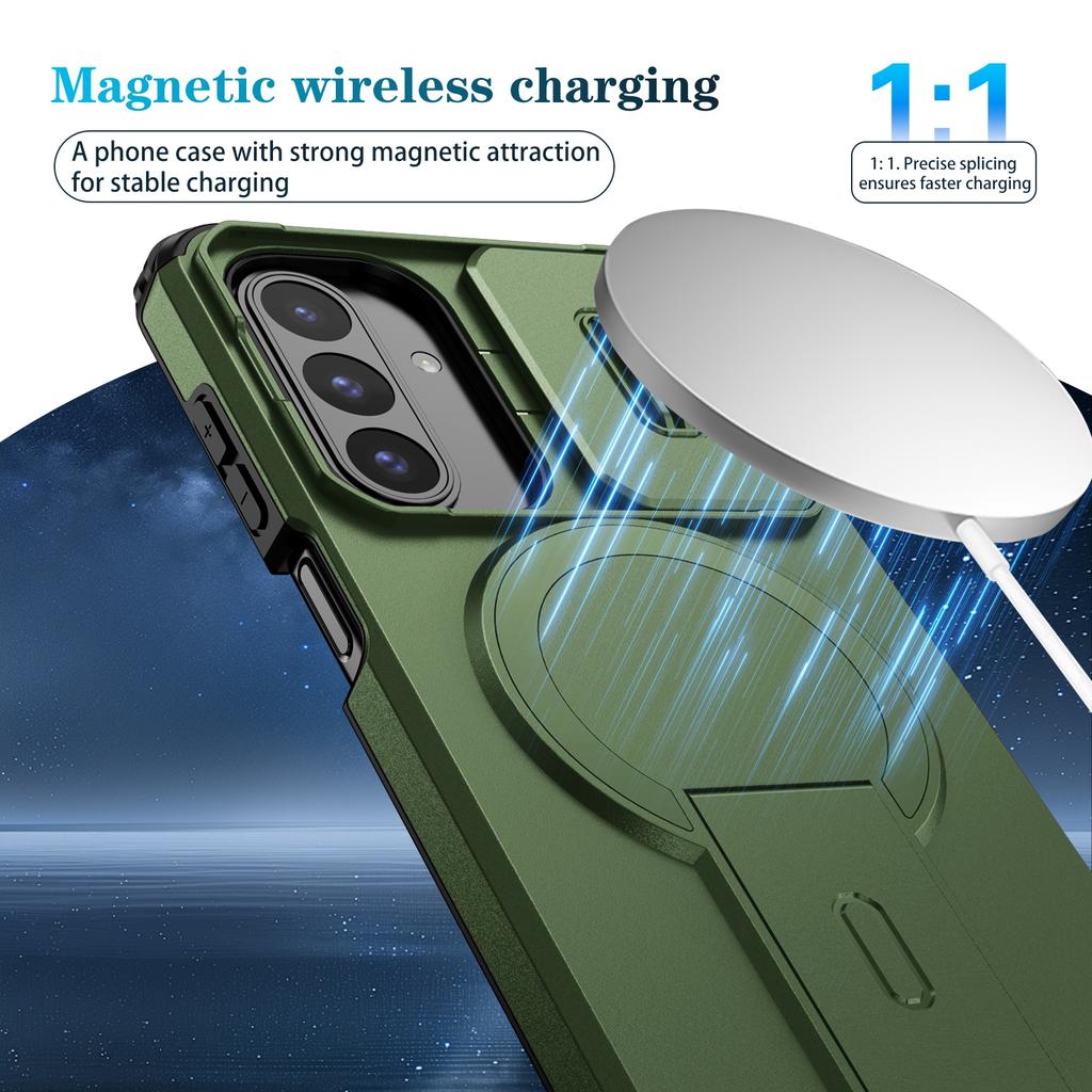 Dla iPhone 14 Magnetyczne Etui Osłona Obiektywu Podpórka Pokrowiec na Telefon Odporny na Wstrząsy PC + TPU