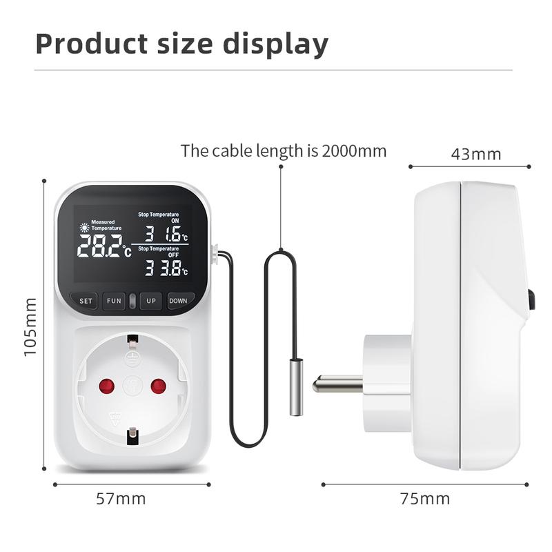 16A 230V Thermostatsteckdose Digitaler Temperaturregler Steckdose mit Sensor EU-Stecker Heiz-Kühl-Schalter mit Timer KWE-TC01