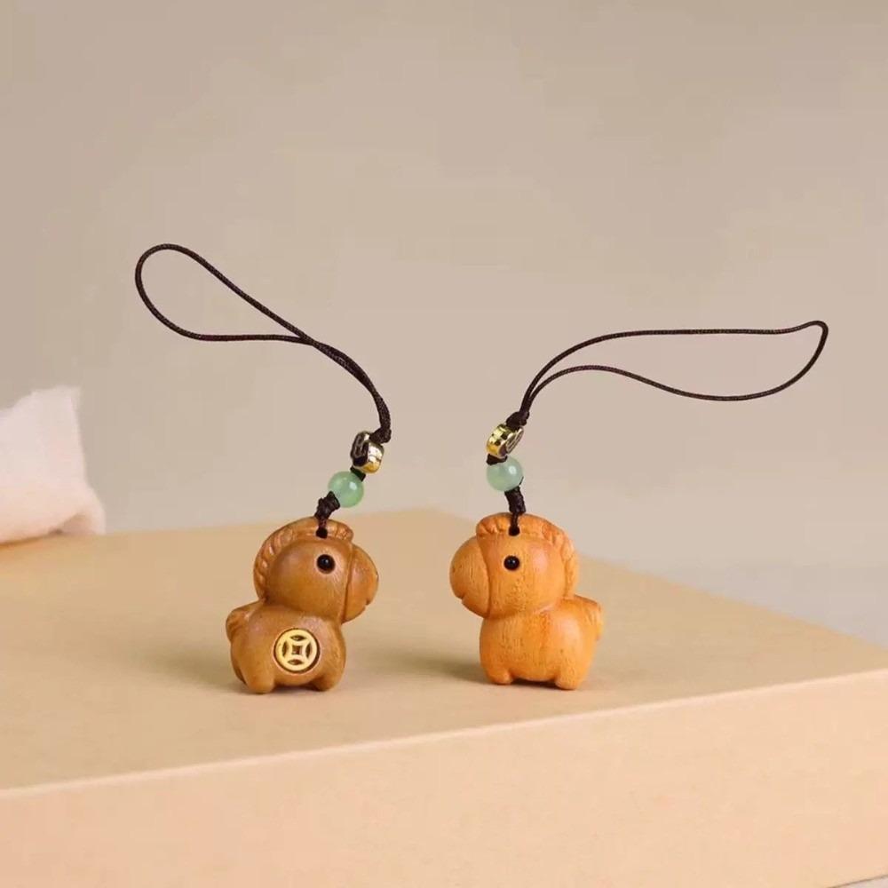Creative Zodiac Horse Key Chain Cartoon Sandalwood Wood Phone Chain Lanyard Handmade Rope Bag Pendant Car Key Chain