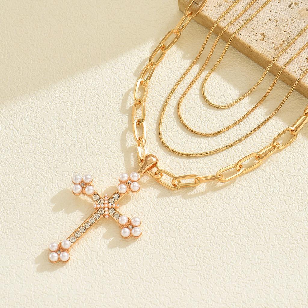 Geometric Cross Pendant Necklace For Women With Multi Layer Design And Zinc Alloy Material
