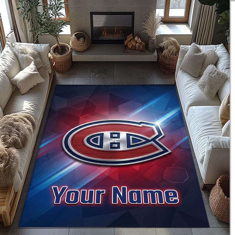 Montreal Canadiens Crystal Velvet Rug, Custom Name Text Personalized Non‑Slip Floor Mat for Home Decor Gift