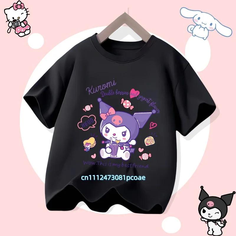Kuromi Children's Pure Cotton Short-Sleeved Girls' Casual Shirt - Summer T-Shirt with Cartoon Print- Three Little Monkeys Series
