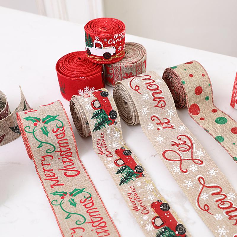 Christmas Ribbon Gift Wrapping Ribbon Christmas Tree Wreath Bows DIY Linen Fabric Ribbon With Wired Edge Gift Packaging Decor