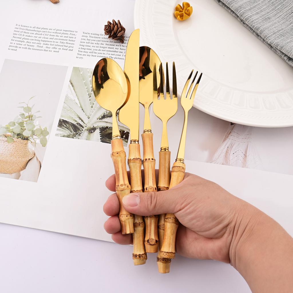16-Piece Bamboo Handle Silverware Set Stainless Steel Flatware Set Include Spoons Forks Knives and Tea Forks, Cutlery Utensils Serves 4