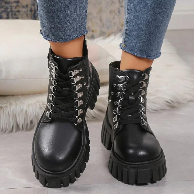 

Mid-Calf Med Heel Rubber Boots for Women 2024 New Hot Sale Winter Square Heel Ladies Shoes Lace-up Round Toe Pu Boots Zapatos