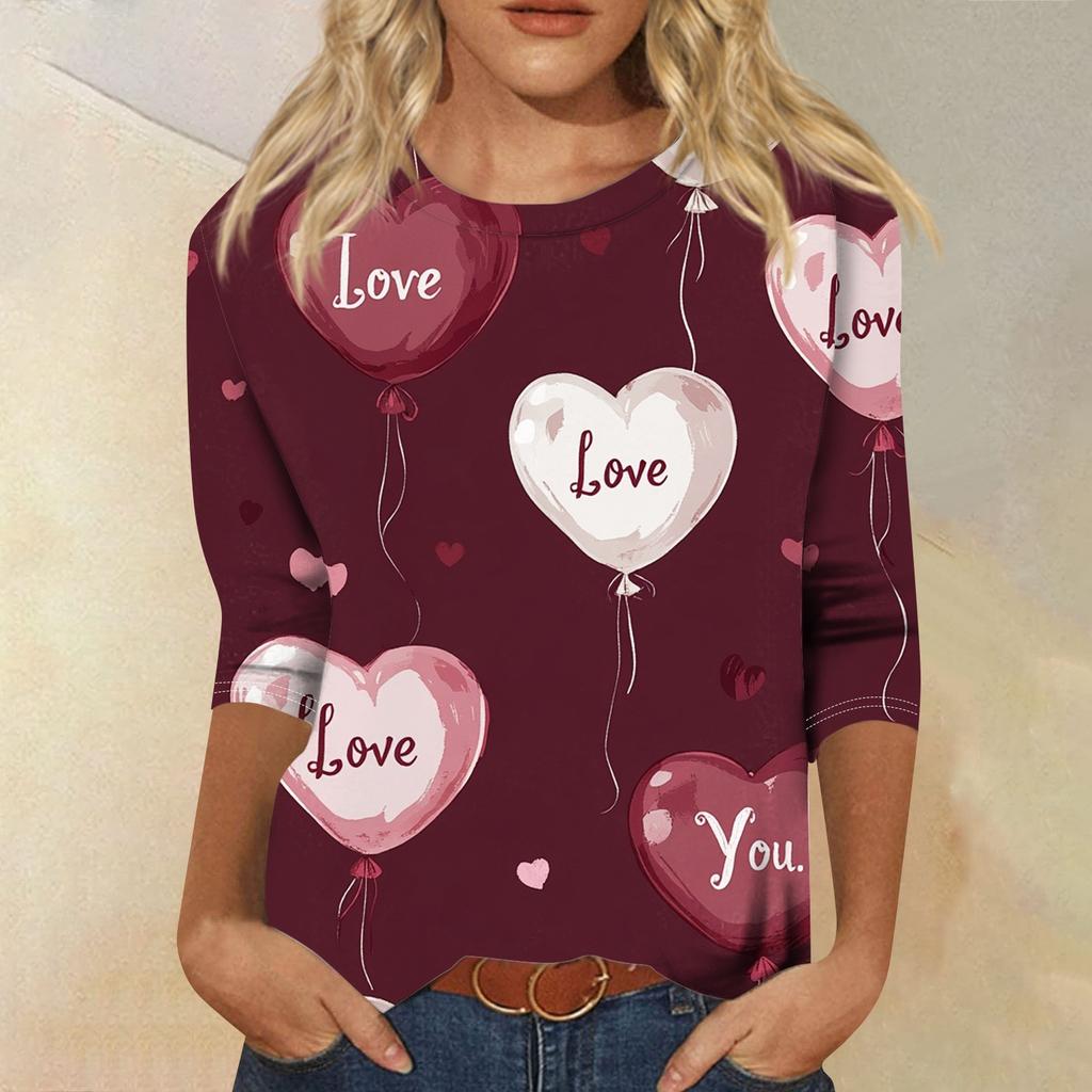 Top cu mâneci 3/4 Tricou de damă Casual Imprimat de Ziua Îndrăgostiților Tricou cu gât rotund Jumper