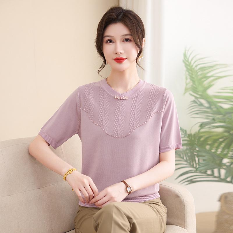 Mom's Summer Ice Silk Short-Sleeved T-shirt: Versatile Chinese Style Knitted Cardigan for Middle-Aged and Elderly Women