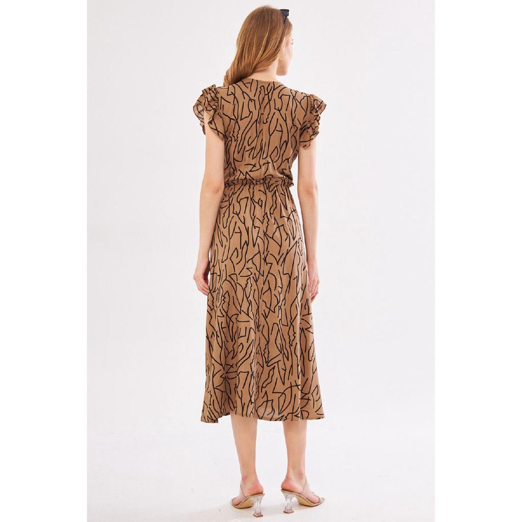 Vestido midi beige para mujer, cuello cruzado, volantes en los hombros, cintura elástica, largo midi, mangas 24y001020