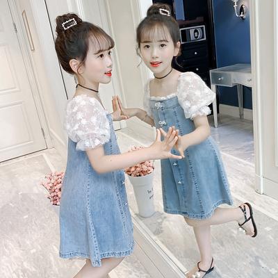 Dress for Girls Denim Korean Princess Dress Lace Puff Sleeves Children Jean Dress Summer Elegant Teenage Dresses